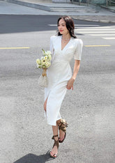 Aelita Puff Sleeve V Neck Midi Silk Dress